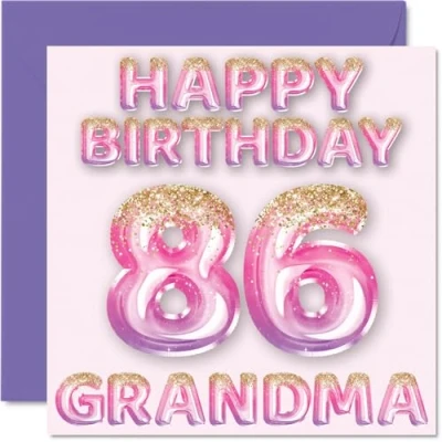 Image of 86th Birthday Card for Grandma Pink &amp; Purple Glitter Balloons Happy Cards 86 Year Old from Grandson Granddaughter, 145mm x Bday Greeting Gift