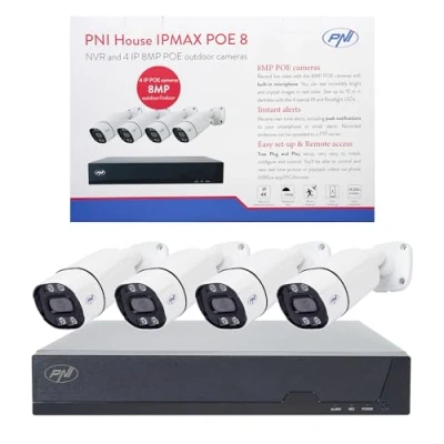 Image of PNI House IPMAX POE 8 Video Surveillance Kit with NVR and 4 IP Cameras, 8MP Resolution, Night Vision, Motion Detection, IP66 Waterproof, Compatible Technology