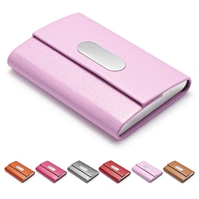 Image of FACATH Business Card Holder for Women, PU Leather &amp; Stainless Steel Name Wallet Credit Metal Pocket Carrier with Magnetic Shut Pink