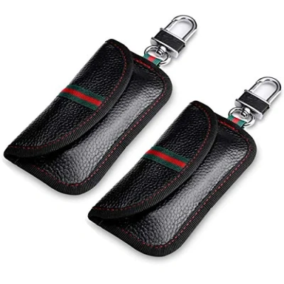 Image of VAWcornic 2 Pack Faraday Pouch for Car Keys, Genuine Leather Bag Keyless Key Signal Blocker RFID Security, Anti theft Remote Entry Smart Fobs Protection Black
