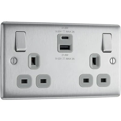 Image of BG Nexus Metal Brushed Steel, 13A Double Switched Socket with USB A + C 22W, Grey Inserts