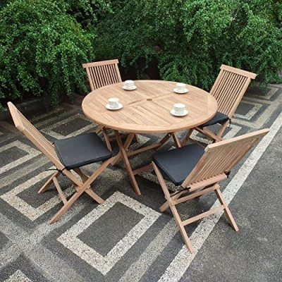 Image of Emporium Furniture Outdoor Garden Wooden Dining Table and Chairs Quality Teak Wood 4 Seater Sets Balcony Bistro Patio (Round Set)