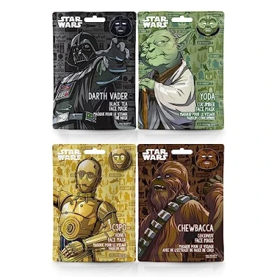 Image of MAD BEAUTY STAR WARS Sheet Face Masks Set (Pack of 4) Yoda, Darth Vader, Chewbacca, &amp; C 3PO Cucumber, Black Tea, Coconut, Honey to Rejuvenate Tired Skin