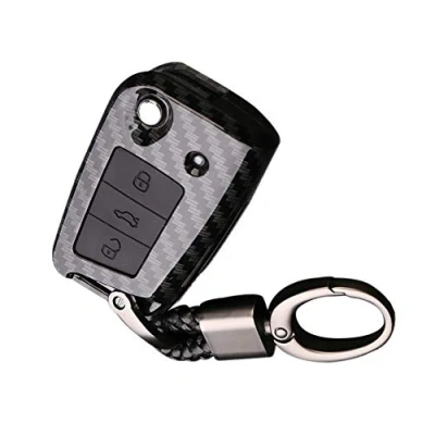 Image of ABS Carbon Fiber Shell+Silicone Car Key Cover Cases for Volkswagen VW 3 Buttons Remote with Keychain (Black + black)
