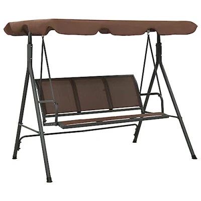 Image of vidaXL Garden Swing Bench with Canopy in Coffee Color Outdoor Powder Coated Steel Frame 3 Seater Weather Resistant and Waterproof Textilene Seat Backrest
