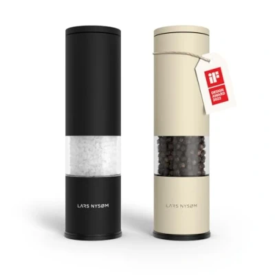 Image of LARS NYSØM Salt and Pepper Mills Set Stainless Steel with Adjustable Ceramic Grinder 2 Pieces I Design Spice Manual (Black/Beige)