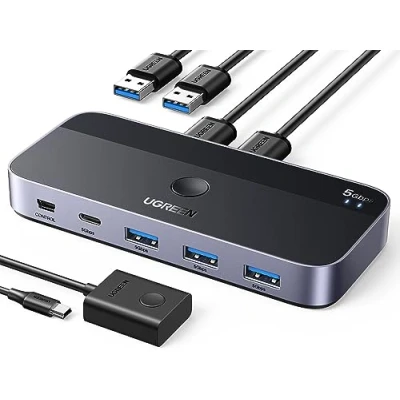 Image of UGREEN USB 3.0 Switch 2 Computers Share C and 3 A Devices, 4 Port Switcher Keyboard Mouse, Printer/Scanner Hub for Two with USB3.0 Cables Remote