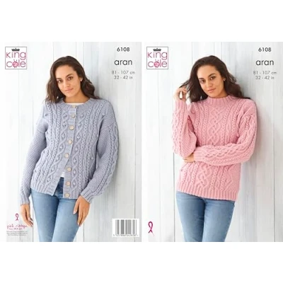 Image of King Cole Aran Knitting Pattern 6108 Ladies Sweater &amp; Cardigan