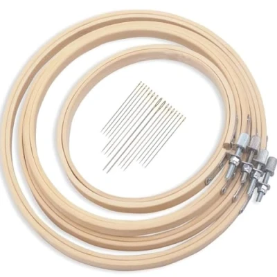 Image of 4Pcs 4 Sizes Round Bamboo Embroidery Hoop Set Circle Cross Stitch Hoops with Gold Eye Needles for Craft Sewing