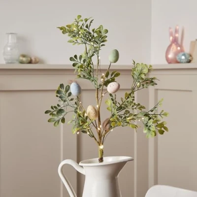 Image of Lights4fun Pre Lit Warm White Micro LED Pastel Easter Egg Sprig Decoration with Timer Indoor Use (H) 30cm