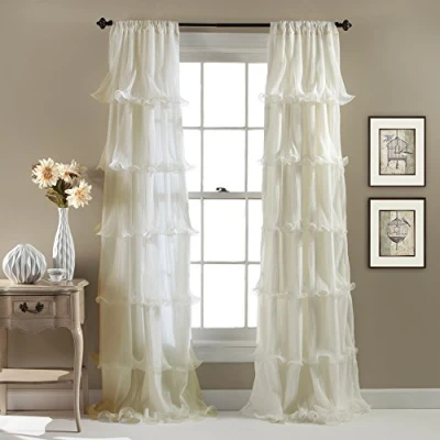 Image of Lush Decor Nerina Curtain Sheer Ruffled Textured Window Panel for Living, Dining Room, Bedroom (Single), 84 x 54, Ivory