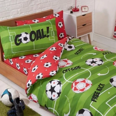 Image of Price Right Home Football Red and Green Bedroom Range Kids, Teens, Sports Theme Duvet Cover Set, Fitted Sheet Set &amp; Curtains Available (Single Set)
