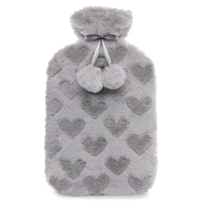 Image of A2Z Hot Water Bottle 2 Litre Grey Heart Embossed Plush Fleece Pom Cover Bag for Pain Relief Cosy Nights and Relaxation