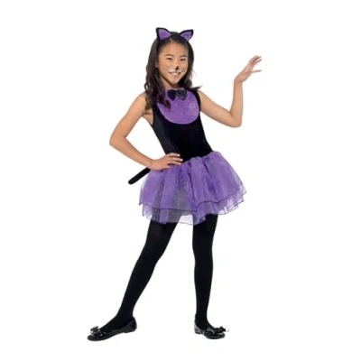 Image of Smiffys Cat Costume, Black &amp; Purple with Tutu Dress Headband, Halloween Child Fancy Dress, Up Costumes