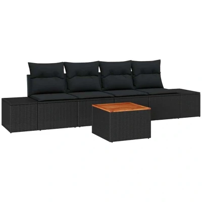 Image of vidaXL 5 Piece Garden Sofa Set with Cushions Black Poly Rattan Acacia