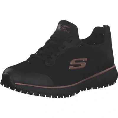 Image of Skechers Women&#039;s Squad SR Sneaker, Black Flat Knit Rose Gold Trim, 8 UK