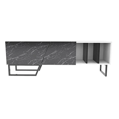 Image of DECOROTIKA Linossa Modern TV Stand Cabinet Unit Entertainment Centre with Metal Sturdy Legs, Open Shelves and Cabinets (Black Marble Effect Black)