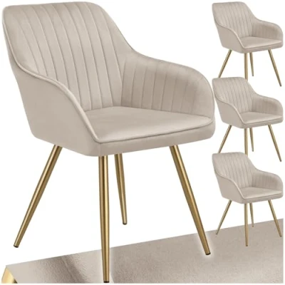 Image of TecTake® Set of 4 Dining Chairs with Quilted, Velvet Look Covers, Softly Padded Armchair Continuous Backrests &amp; Golden Steel Legs, Ideal Kitchen, Living Room Desk Taupe/Gold