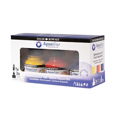Image of Daler Rowney Aquafine Watercolour Ink Set, 3 x 29.5ml Bottles &amp; 1 FW Mixed Media Marker, Assorted Colours, Ideal for Professional Artists Students