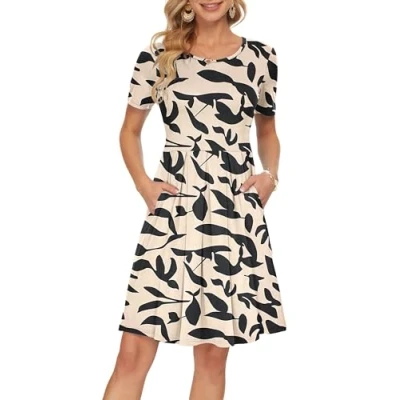 Image of AUSELILY Womens Summer Dress Casual Bodycon Short Sleeve Pleated Loose Swing with Pockets Knee Length Apricot Black Leaf 2XL