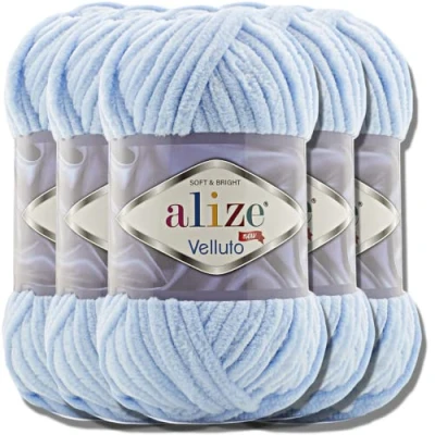Image of 5 x 100 g Alize Velluto Super Bulky Turkish Wool, XXL Ball for Amigurumi, Soft Baby Crochet and Knitting (Baby Blue, 218)