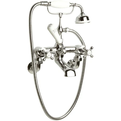 Image of Old London BC304HXWM Topaz Traditional Bathroom Wall Mounted Bath Shower Mixer with Kit, Crosshead Handles and Hexagonal Collars, 320mm x 350mm, Chrome/White