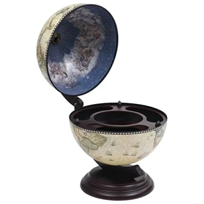 Image of vidaXL Tabletop Globe Bar Wine Stand in Eucalyptus Wood with 16th Century Nautical Map Design and Interior Frescoes Green Brown