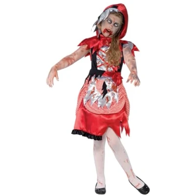 Image of Smiffys Zombie Miss Hood Costume, Red with Dress &amp; Hooded Cape, Halloween Child Fancy Dress, Up Costumes
