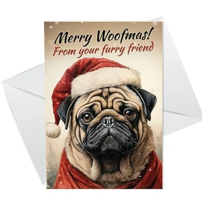 Image of RED OCEAN Pug Christmas Card, Funny Dog Greetings Card For Mum Dad, Cards