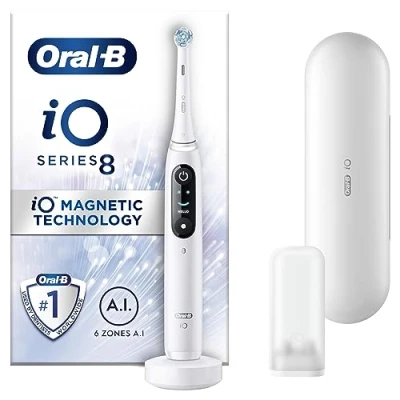 Image of Oral B iO8 Electric Toothbrushes For Adults, App Connected Handle, 1 Toothbrush Head &amp; Travel Case, 6 Modes with Teeth Whitening, 2 Pin UK Plug, White
