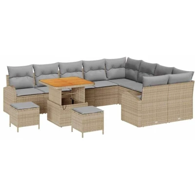 Image of vidaXL 12 Piece Garden Sofa Set with Cushions Beige Poly Rattan Acacia
