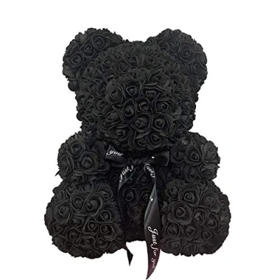 Image of FeiWen Rose Flower Bear 10 inch Teddy Artificial Flowers Gift for Mothers Day, Valentines Anniversary &amp; Bridal Showers (black)