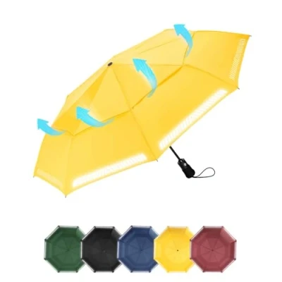 Image of Chakipee Umbrella Windproof Strong Compact Travel Yellow Pocket Automatic Reflective Safety Strip Folding Outdoor for Rain Inverted Umbrellas Men and Women 8 Ribs Double Canopy Portable