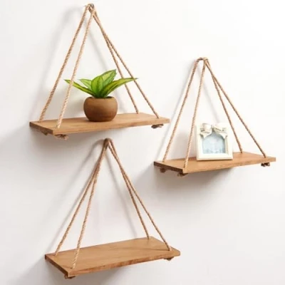Image of SAND MINE Set of 3 Wood Wall Hanging Shelf, Floating Shelves, Swing Rope Rustic Decor Display Shelves for Living Room Bedroom