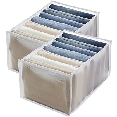Image of 7 Grids Washable Wardrobe Clothes Organizer, Jeans Compartment Storage Box, Foldable Closet Drawer Organizer Mesh Separation Box (2pcs White,36 * 17 12CM)