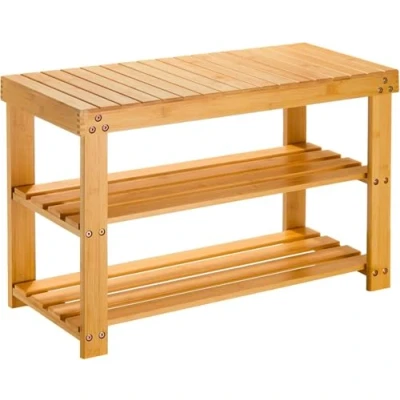 Image of MantraRaj Bamboo Shoe Bench 3 Tier Rack Stand Seater Shoes Organizer Storage Shelf For Entryway, Hallway And Living Room Footwear Holds up to 6 Pairs of Changing