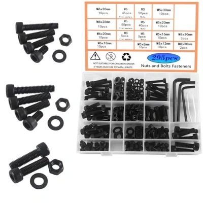 Image of HVDHYY M5 M6 M8 Nut and Bolt Set Black Hex Socket Head Machine Screws &amp; Nuts Washers Assortment kit With a Reusable Storage Box 3 Wrenches 295pcs