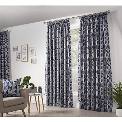 Image of Skandi Taped Pencil Pleat Curtains Fully Lined Weave Jacquard Navy 66x90