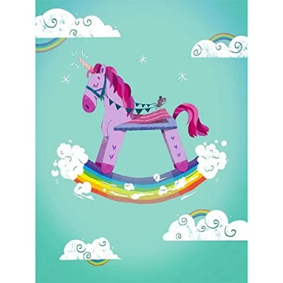 Image of Wee Blue Coo Rocking Unicorn Rainbow Art Print Poster Wall Decor 12X16 Inch