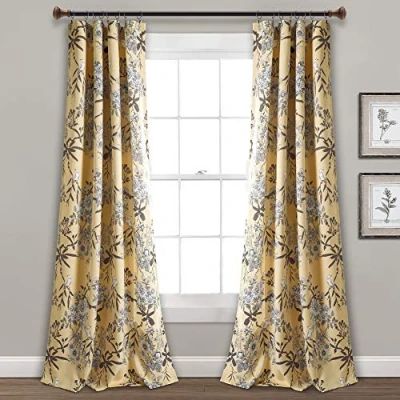 Image of Lush Decor, Yellow Botanical Garden Curtains Floral Bird Print Room Darkening Window Panel Drapes Set for Living, Dining, Bedroom (Pair), 95&quot; x 52&quot;, 95 in 52