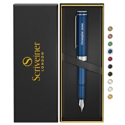 Image of Scriveiner Personalised Luxury EDC Fountain Pen (Medium), Stunning Matt Blue Pocket Pen, Chrome Finish, Schmidt German Nib, Best Engraved Gift Set for Men &amp; Women, Name Engraving