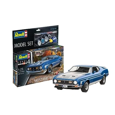 Image of Revell Model Set 67699 71 Mustang Boss 351 1:25 Scale Unbuilt/Unpainted Plastic Kit with Contacta Professional Glue, Paintbrush &amp; Selected Aqua Color Paints