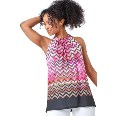 Image of Roman Petite Womens Zig Zag Print Halterneck Top Pink Size 12 UK