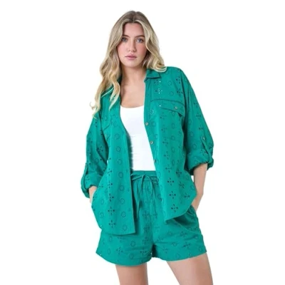 Image of Roman Cotton Broderie Anglaise Shirt for Women UK Ladies Spring Everyday Summer Holiday V Neckline Comfy Long Sleeve Soft Pocket Detail Blouse Vacation Tops Turquoise Size 12