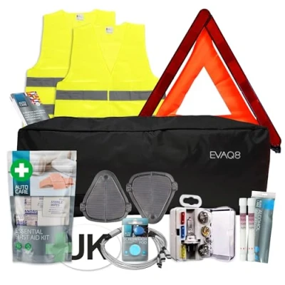Image of EVAQ8 European Car Travel Kit Driving in France With NF Approved Breathalysers, Warning Triangle, UK Sticker, Hi Vis Vests, Beam Deflectors, Bulb Kit, First Aid Information sheet...