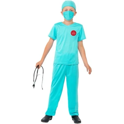 Image of Smiffys Surgeon Costume, Blue with Top, Trousers, Hat, Mask &amp; Stethoscope, Fancy Dress, Child Dress Up Costumes