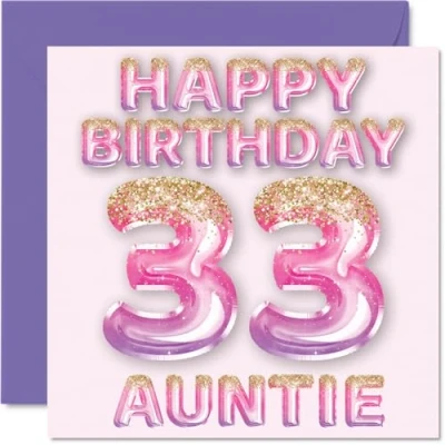 Image of 33rd Birthday Card for Auntie Pink &amp; Purple Glitter Balloons Happy Cards 33 Year Old Aunt Aunty from Nephew Niece, 145mm x Bday Greeting Gift
