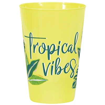 Image of Unique 20946 Large Plastic Cups 473 ml Tropical Leaves Summer Party Pack of 6, Multicolour