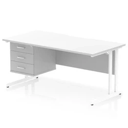 Image of Impulse 1600 x 800mm Scalloped Edge Straight Office Desk White Top Cantilever Leg Workstation 1 3 Drawer Fixed Pedestal