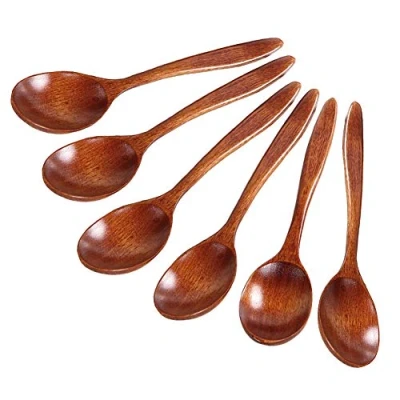 Image of Wooden Spoon Set Handmade Wood Craft for Tea Coffee Honey Sugar Condiment Rice Kids Spoons 6 Piece